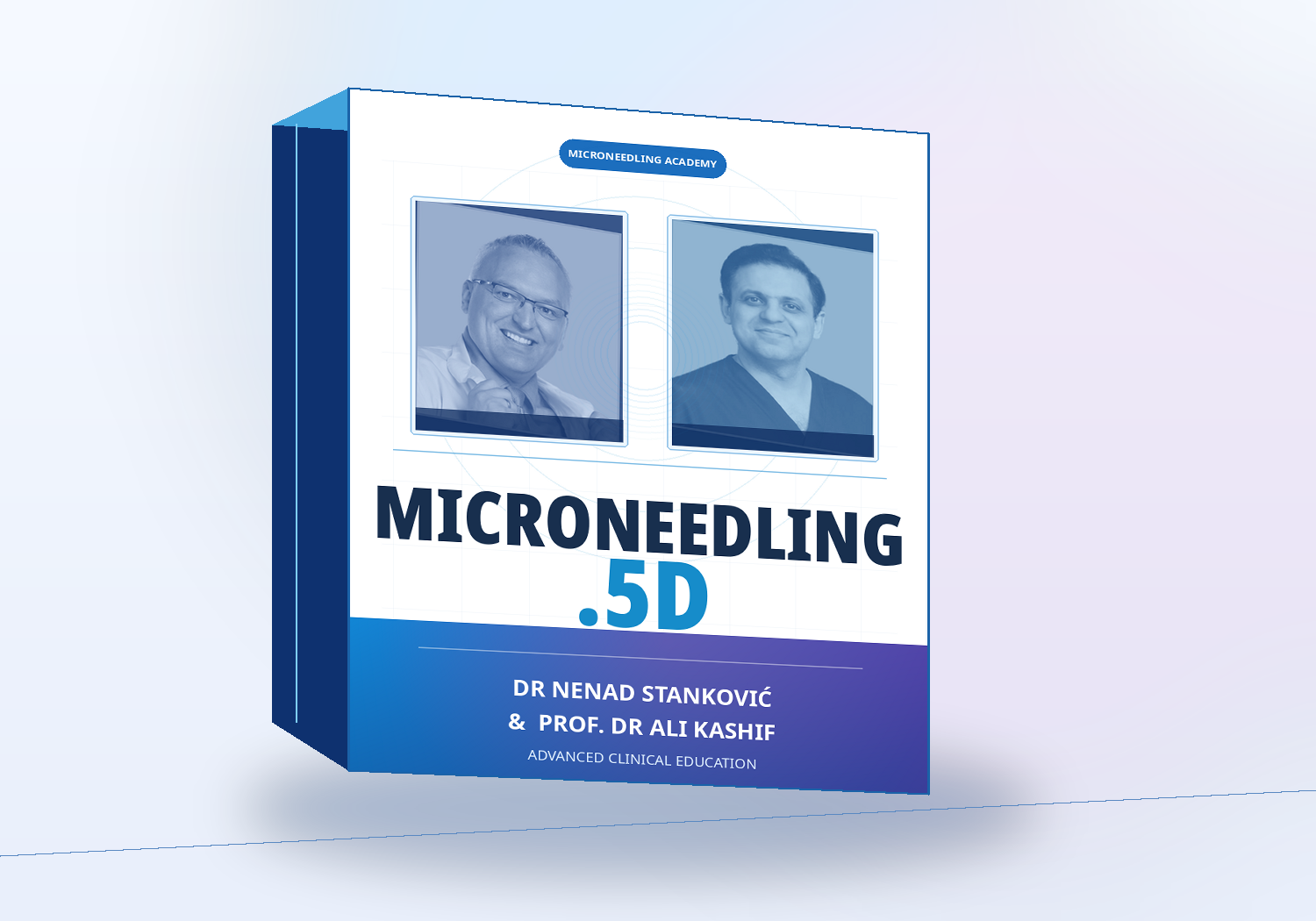 3D book mockup for MICRONEEDLING.5D featuring real portraits of Dr Nenad Stanković and Prof. Dr Ali Kashif
